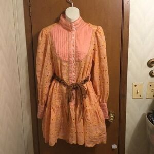 Vintage Orange Eyelet Button Down Cottage core Lace Details long Sleeve Dress S